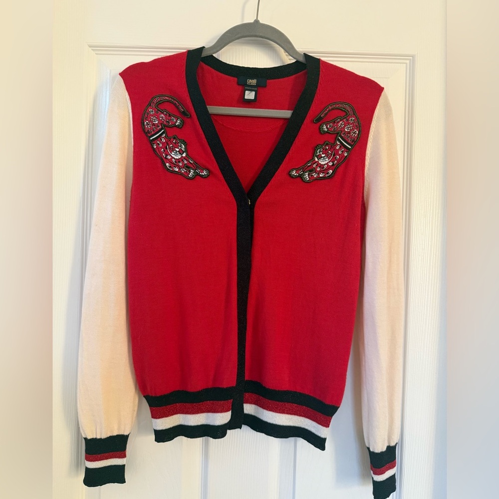 Roberto Cavalli Red and Cream Embellished Cardigan